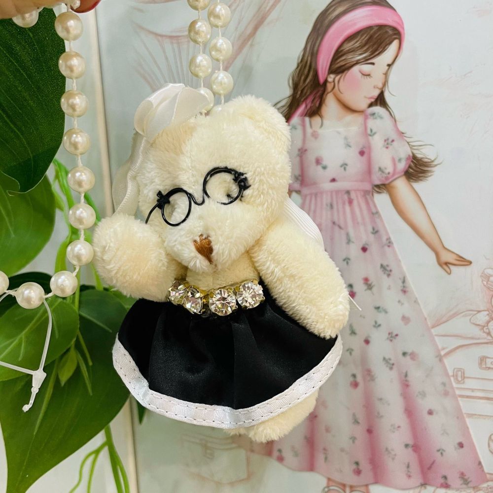 Bolsa Infantil Yoyo Fake Ursa com Óculos Laço Branco e Strass