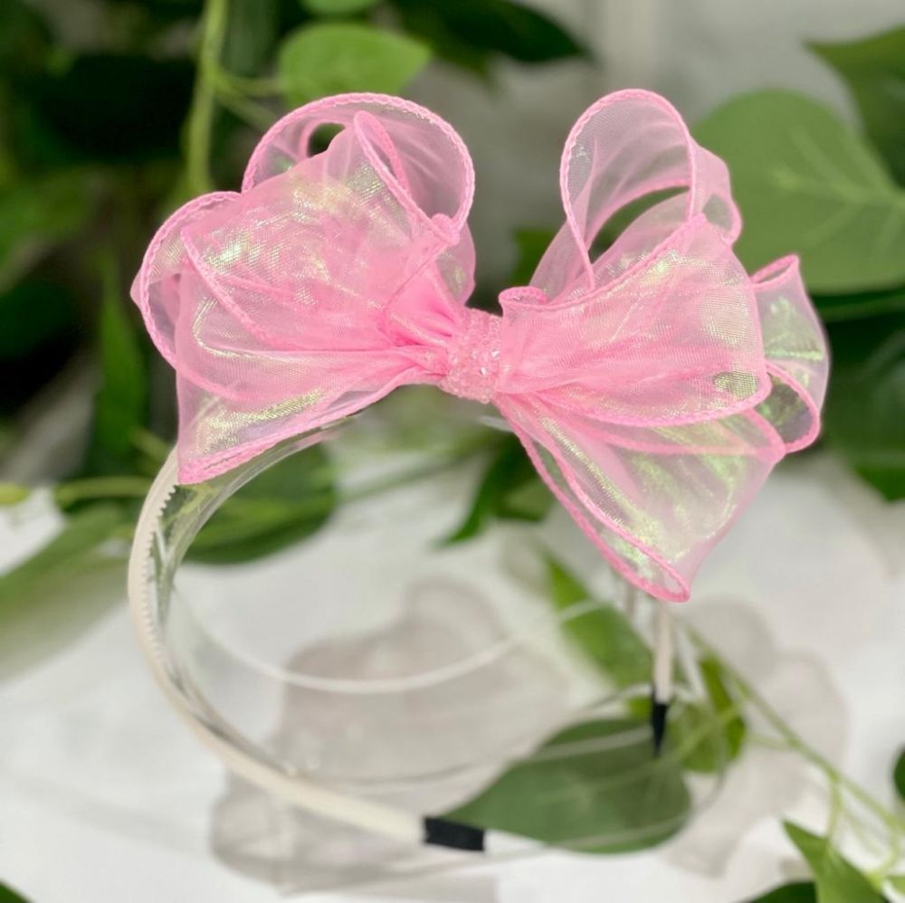 Arco Infantil Laço de Voal Charming Rosa Holográfica Aplique Pedrinhas Euro Baby