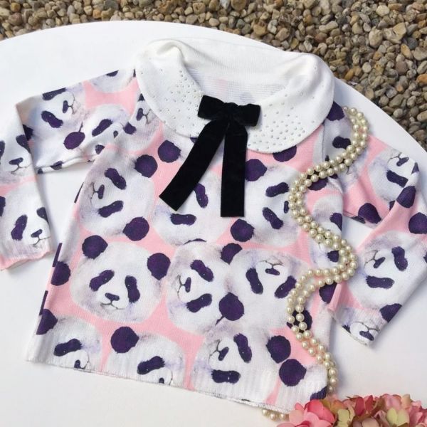 Blusa Infantil Branca de Tricot Estampado com Strass e Lacinho Pandas Yoyo