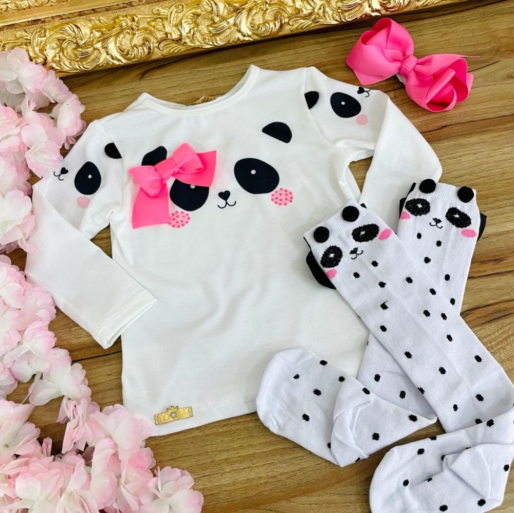 Blusa Infantil Feminina Branca Panda com Laço Pink Yoyo