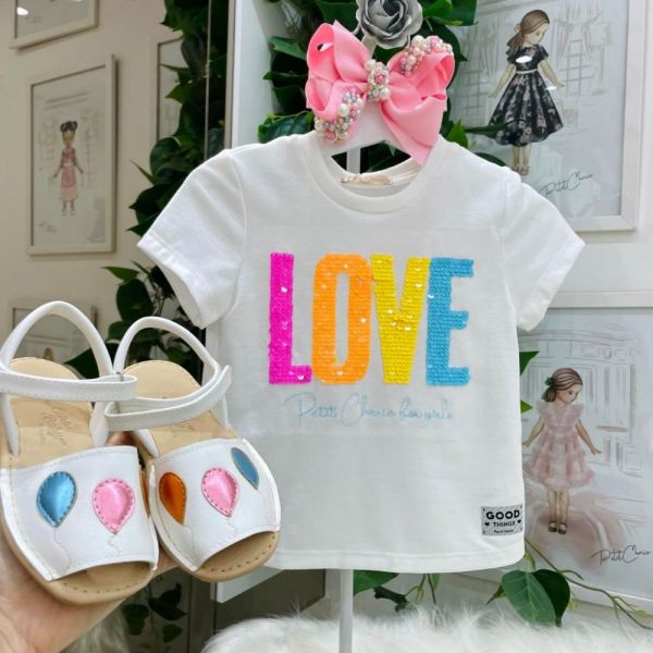 Blusa Infantil Manga Curta Off White Love Em Paetê Reversível Colorido Petit Cherie