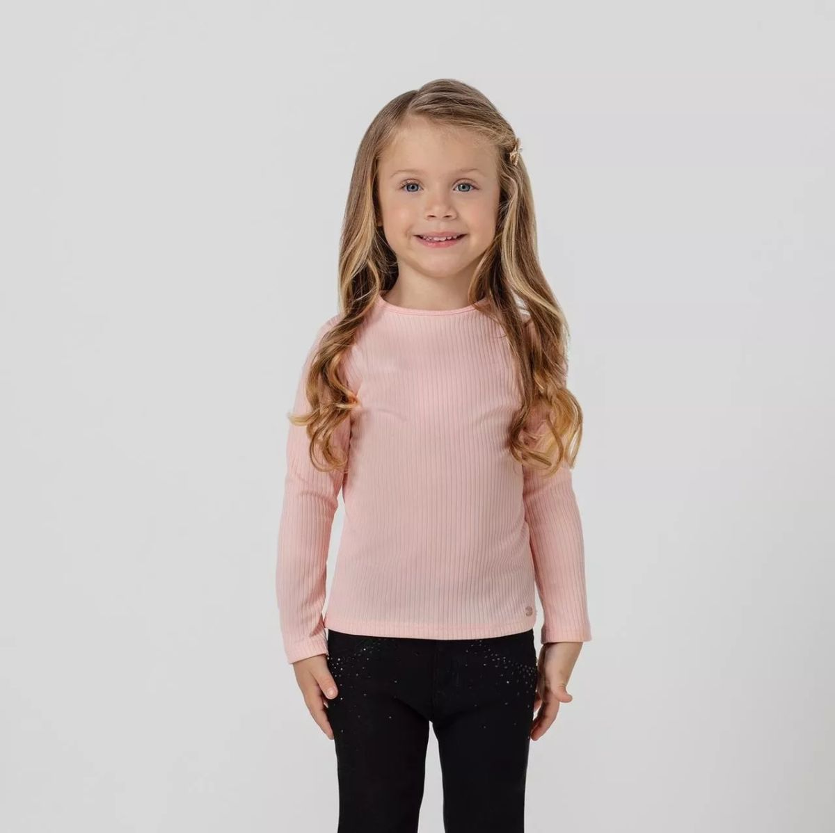 Blusa Infantil Manga Longa Malha Canelada Rosa Retrô Básica Petit Cherie