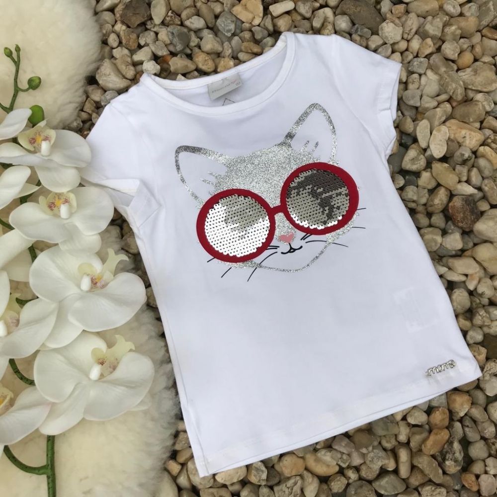 Blusa Infantil Off White com Aplicação de Paetê Gatinho de Óculos Momi