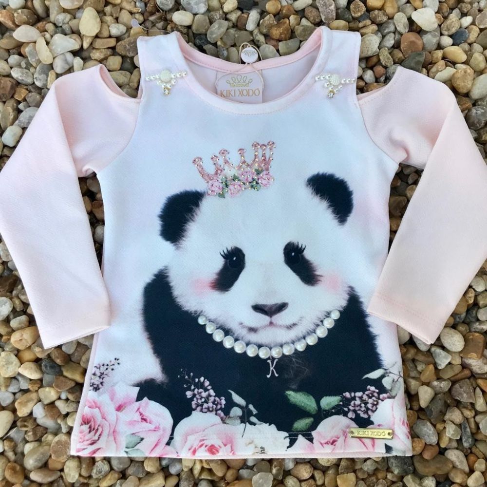 Blusa Infantil Princess Panda Rosa com Bordado de Pérola Kiki Xodo