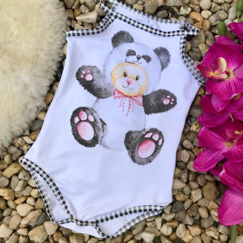 Body Infantil Branco com Detalhe em Strass Urso Panda Yoyo