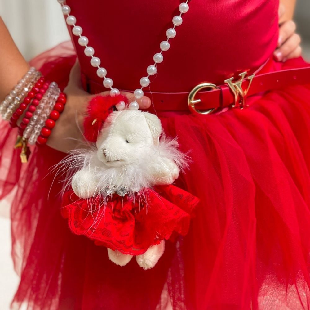 Bolsa Infantil Ursinho de Vestido com Alça de Pérolas Vermelho Yoyo