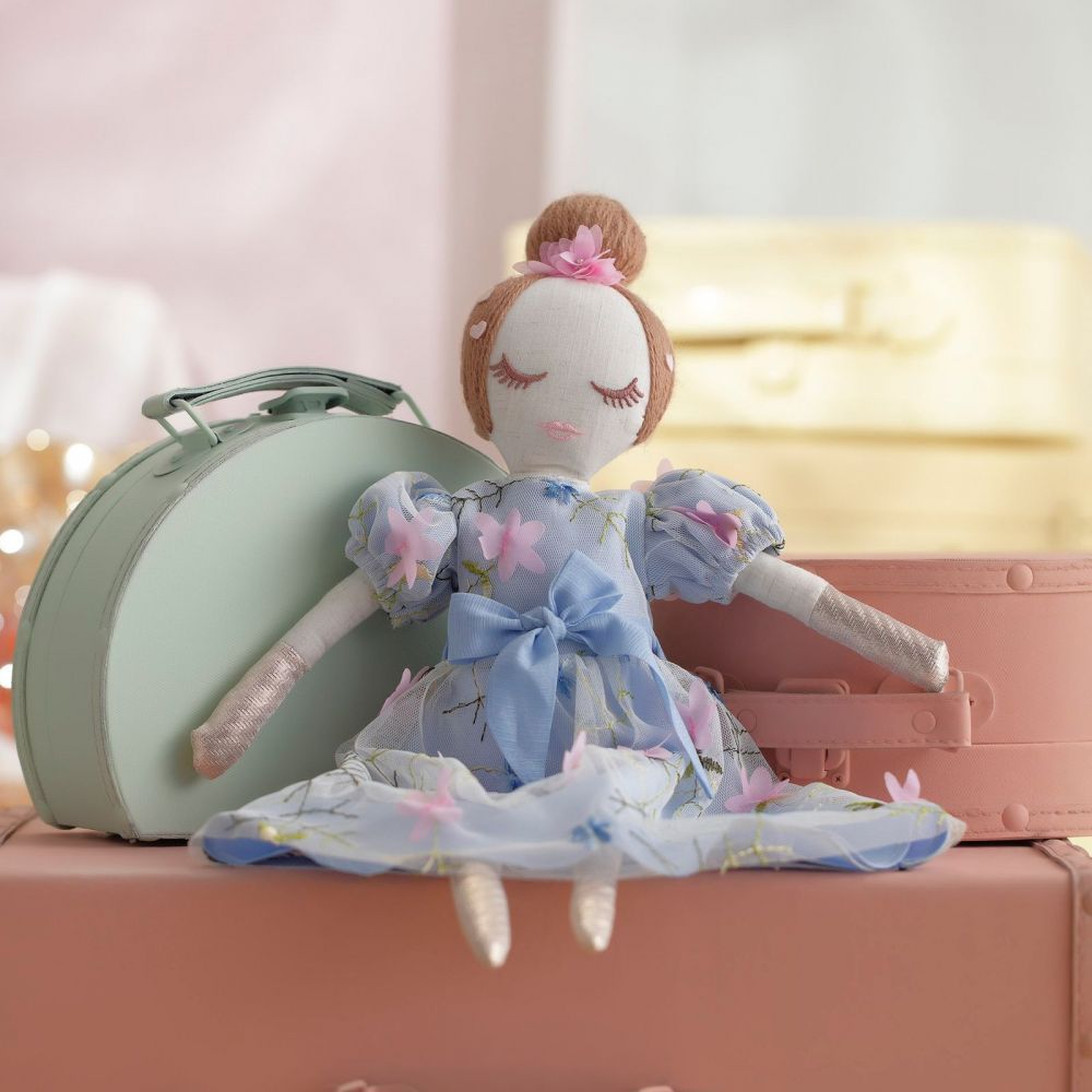 Boneca Infantil Luxo Vestido Azul com Flores Rosa Petit Cherie