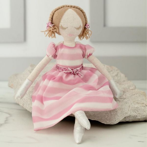 Boneca Infantil Luxo Vestido Listrado Degradê Rosa e Branco Delicado Petit Cherie