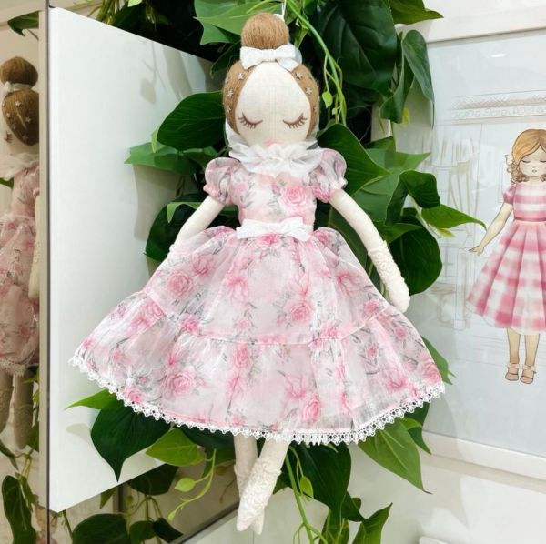 Boneca Infantil Luxo Vestido Organza Cristal Rosa Floral Sweet Petit Cherie