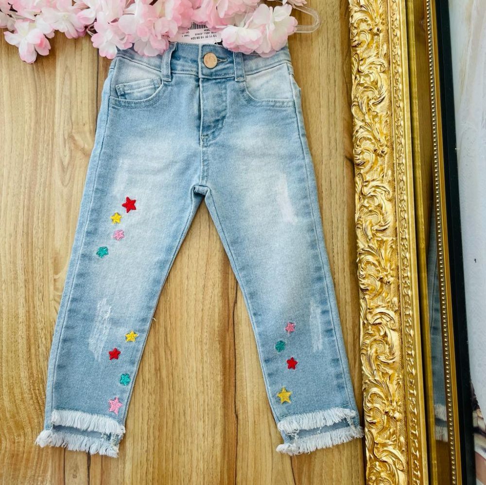 Calça Infantil Jeans Bordada Constelação Colorida Mon Sucré