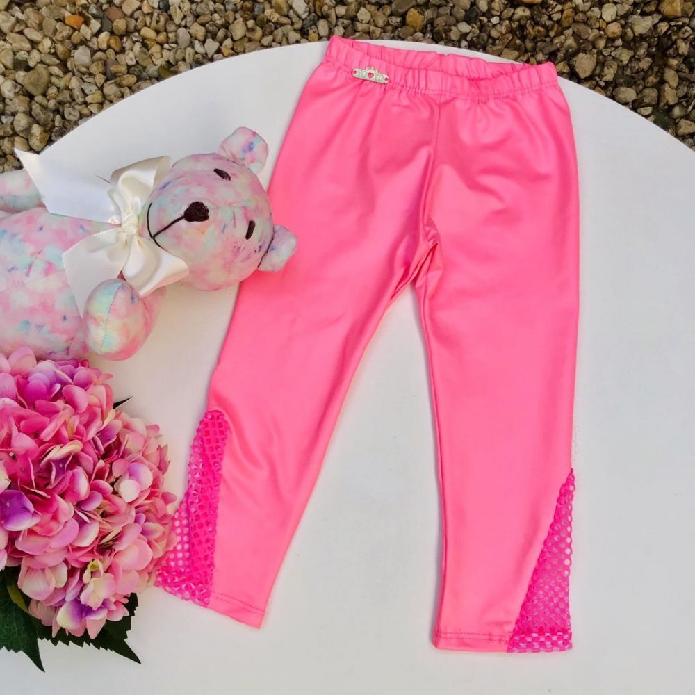 Calça Infantil Legging com Detalhe em Tela Pink Neon Yoyo