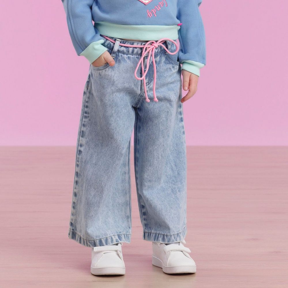 Calça Infantil Pantalona Azul Jeans com Cordão Rosa Mon Sucré