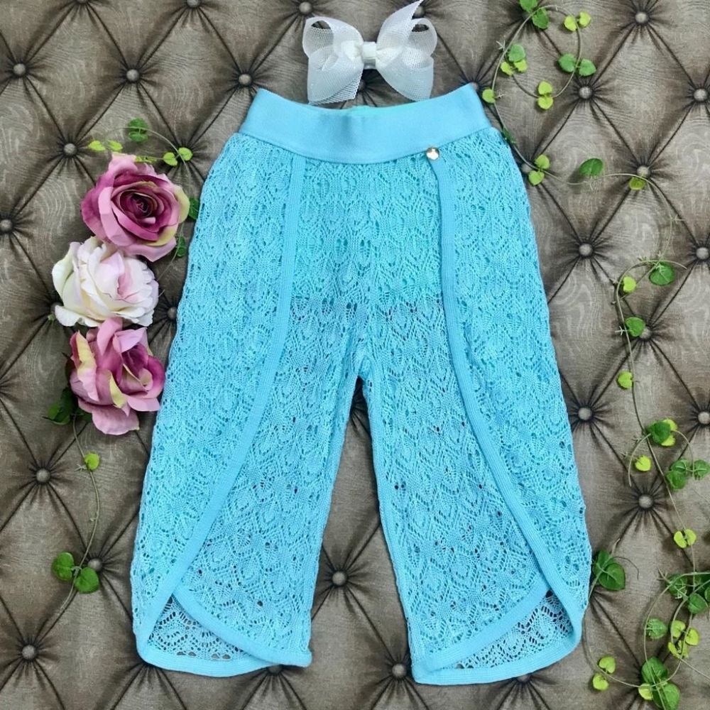 Calça Infantil Pantalona Croche Azul Tifany Mini Lady