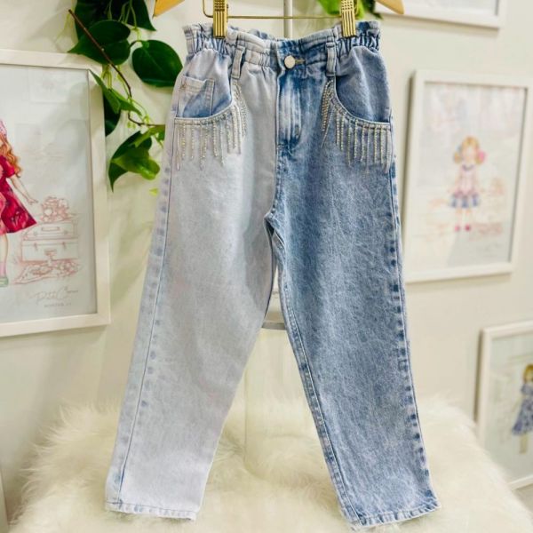 Calça Infantil Petit Cherie Jeans Duas Cores com Aplicação de Strass