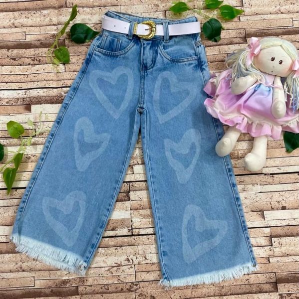 Calça Jeans Infantil Wide Leg Estampa Coração Barra Desfiada Euro Baby