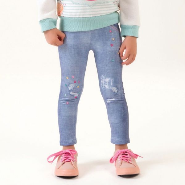 Calça Legging Infantil Efeito Jeans com Strass Mon Sucré