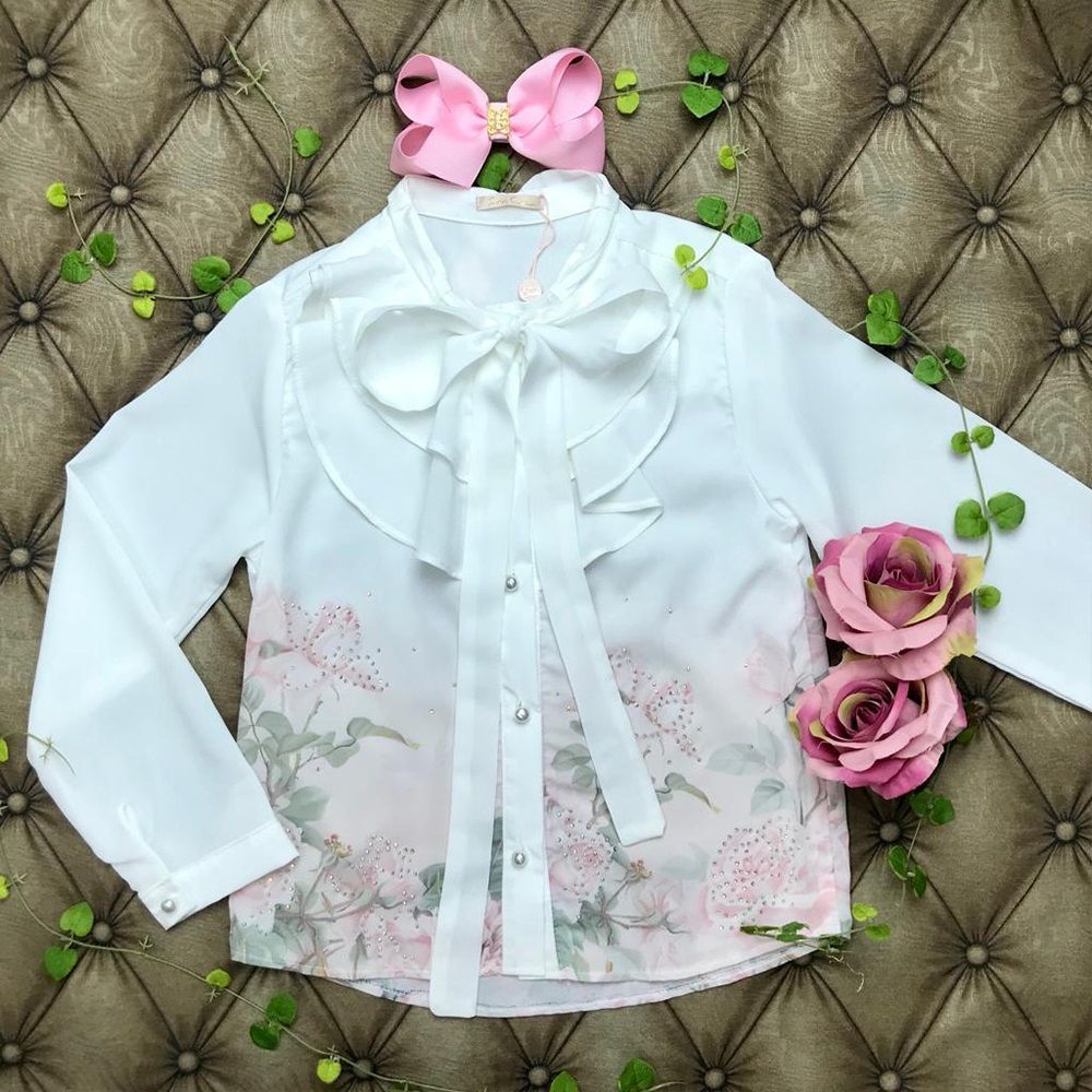 Camisa Infantil com Strass Rosas de Primavera Branca Petit Cherie