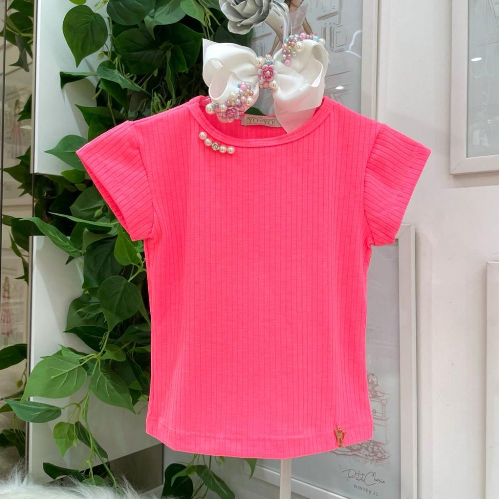 Camiseta Infantil Canelada com Pérolas Detalhe Rosa Pink Yoyo