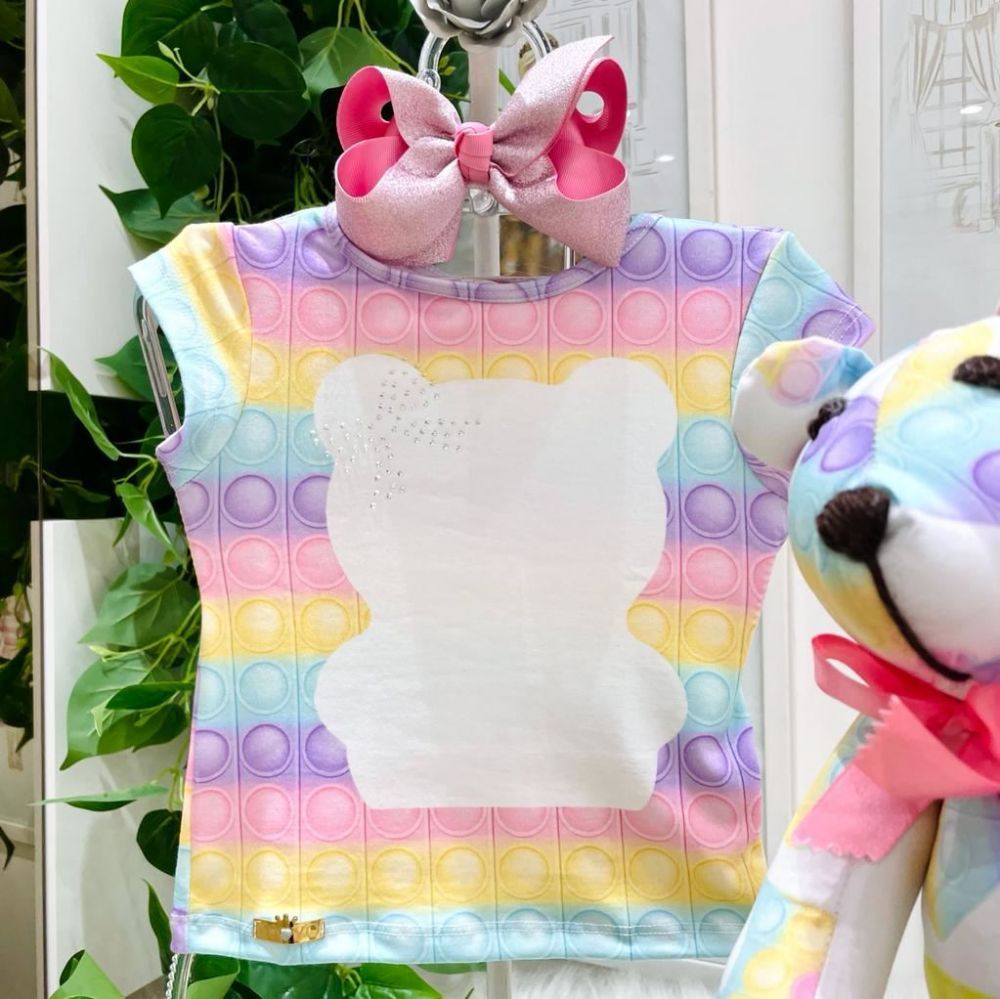 Camiseta Infantil Colorido Com Estampa de Urso Fidget Toy Pop It Yoyo