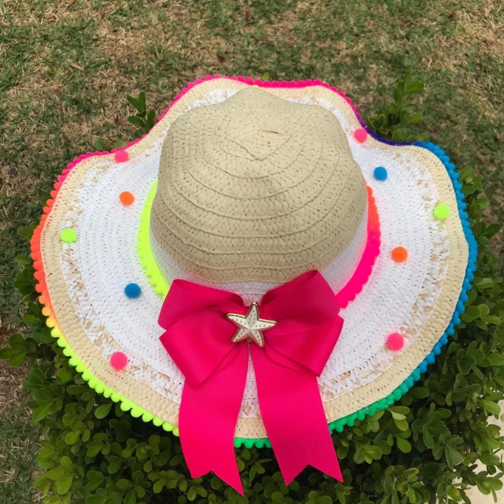 Chapéu Infantil de Palha Com Pompons e Mini Pom Pons Colorido em Degrade Laço Pink Estrela Euro Baby