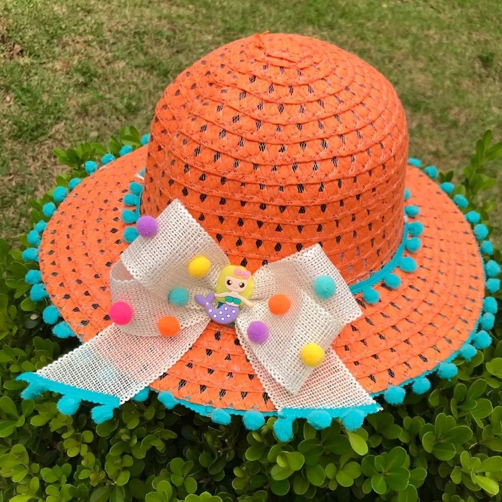 Chapéu Infantil de Palha Laranja Com Pom Pons Azul Laço Sereia Euro Baby