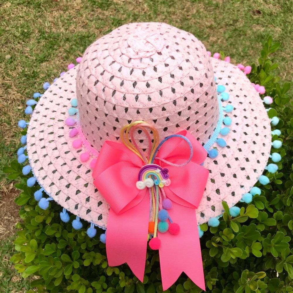 Chapéu Infantil de Palha Rosa Com Pom Pons em Degrade Rosa/Azul Laço Arco Íris Euro Baby