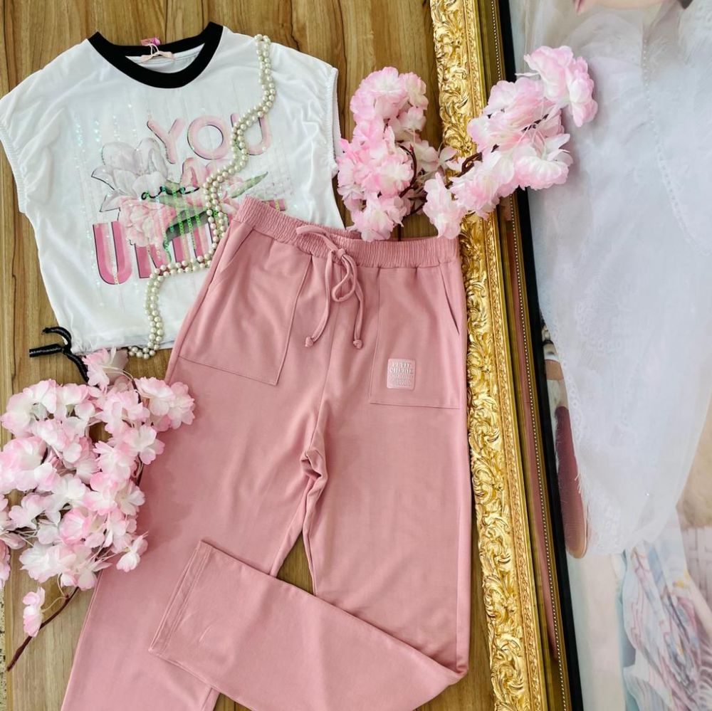 Conjunto Feminino Infantil Blusa You Unique e Calça Rosa com Bolsos Petit Cherie 