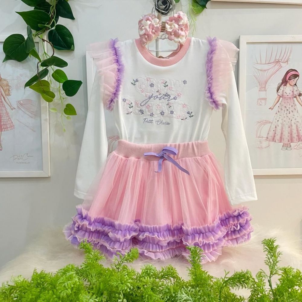 Fato de verão feminino Kawaii, bordado, tops curtos e saia tutu, roupas  infantis, flores cor de rosa, 4, 6, 7, 8, 9, 10, 12 anos