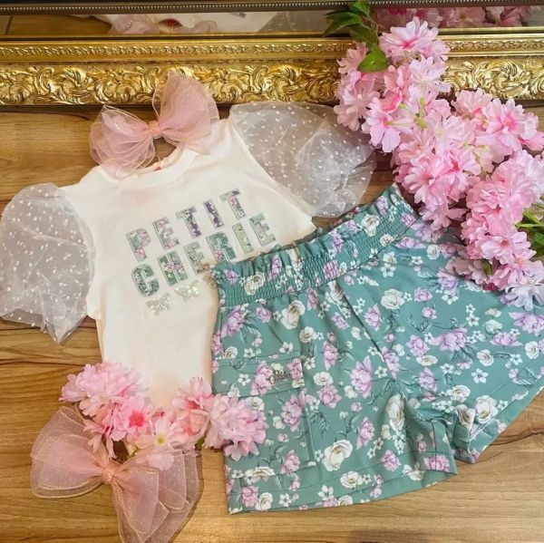 Conjunto Feminino Infantil Petit Cherie Off White Manga Bufante em Tule com Shorts Verde Floral