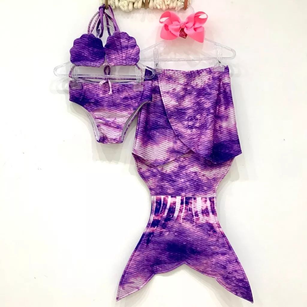 Conjunto Infantil Biquíni e Saia Cauda de Sereia Acqua Roxo Claro Princesa Dos Oceanos Sirenita