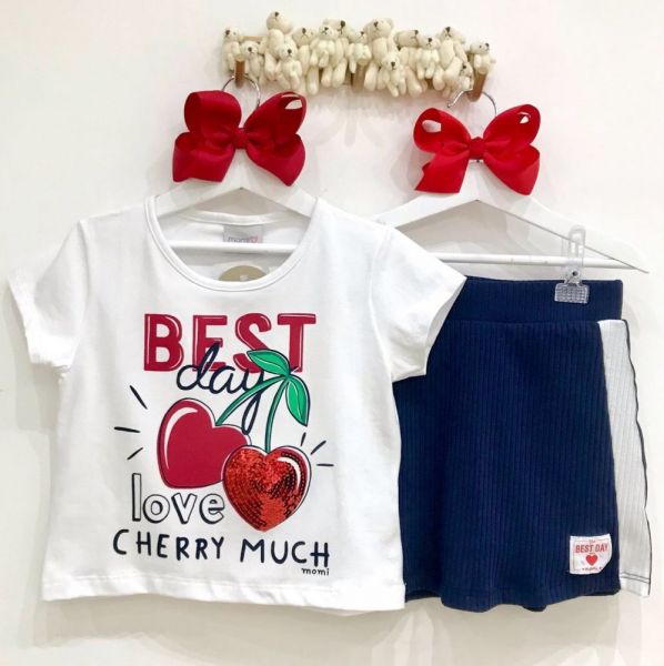 Conjunto Infantil Blusa Branca Cherry Much e Shorts Saia Canelado Azul Marinho Momi