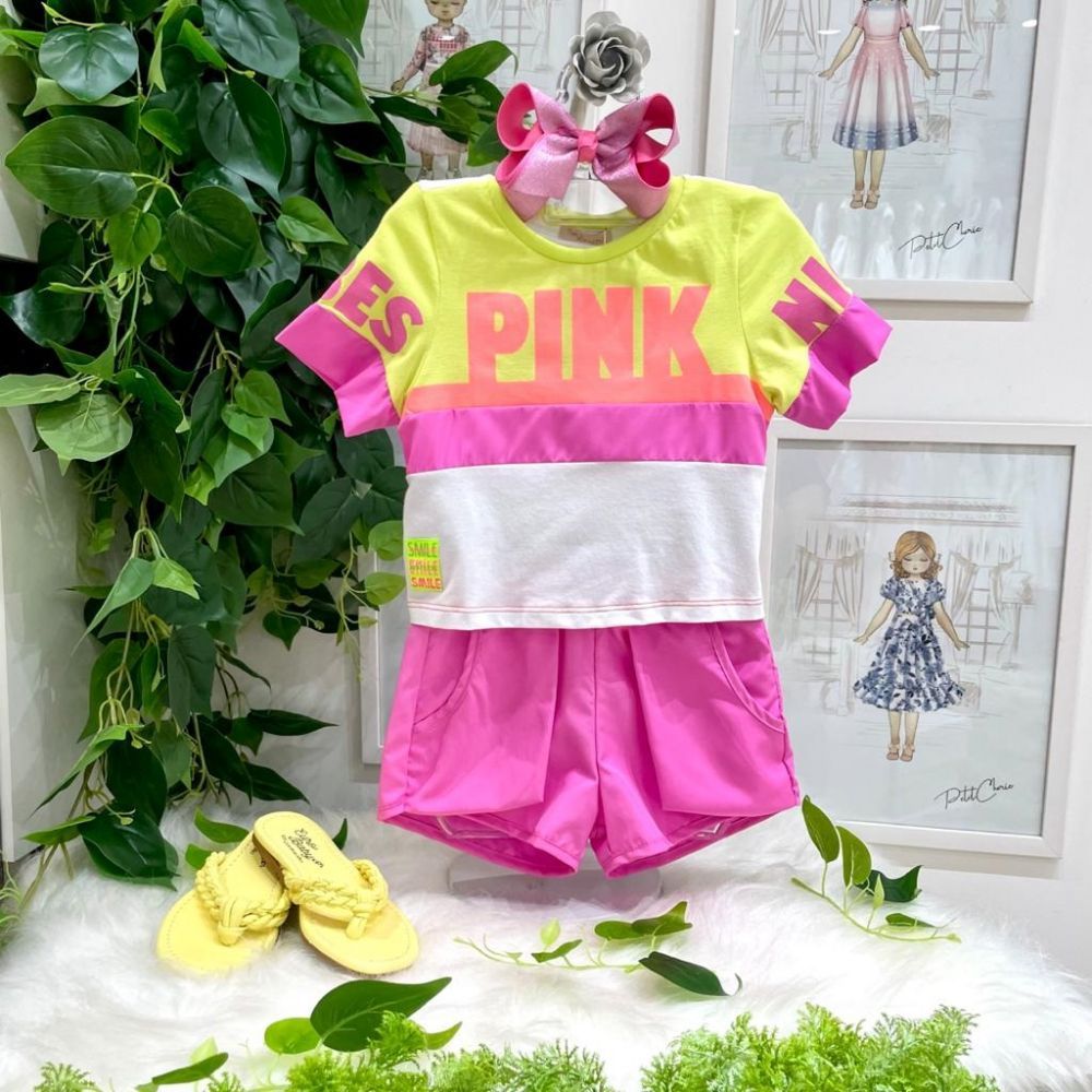 Conjunto Infantil Blusa Branca e Amarelo Neon e Shorts Rosa Fluor Nice Vibes Mon Sucré