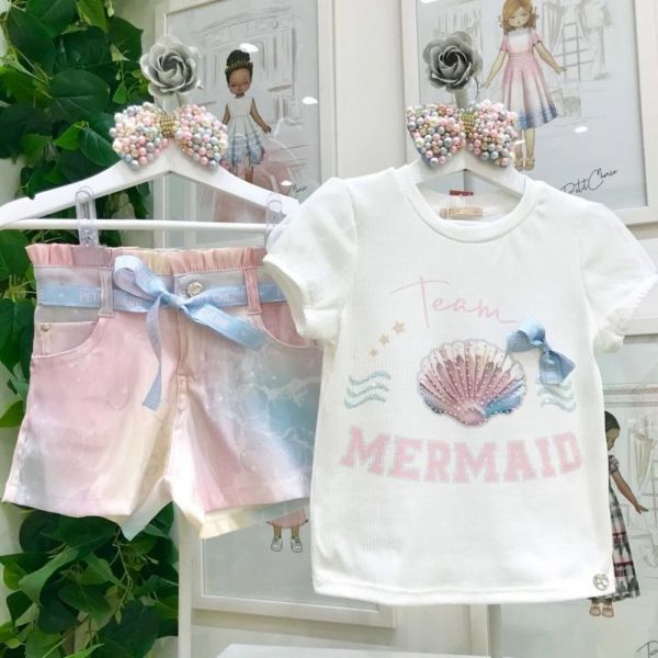 Conjunto Infantil Blusa Canelada Branca Mermaid e Shorts Tie Dye Bolhas Petit Cherie