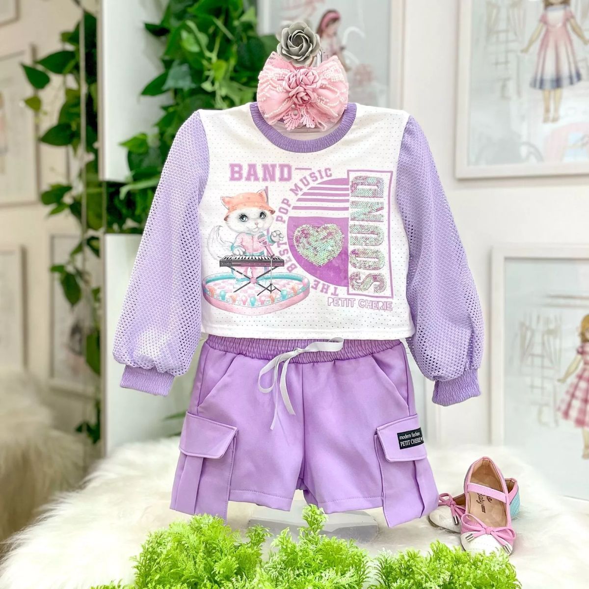 Conjunto Infantil Blusa com Mangas Telada e Shorts Lilás com Bolso Petit Cherie