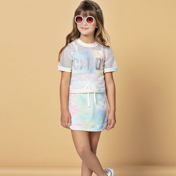 Conjunto Infantil Blusa Com Sobreposição Telada e Shorts Saia Tie Dye Candy Petit Cherie
