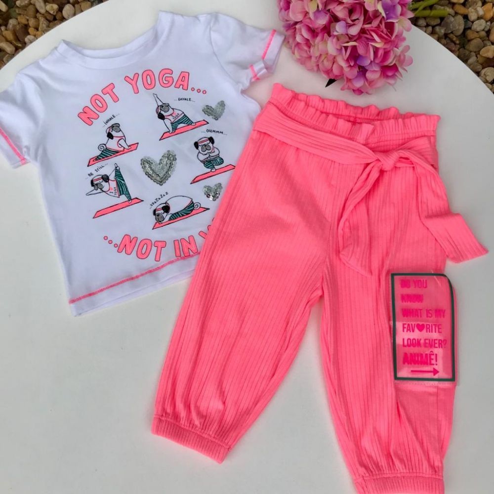 Conjunto Infantil Blusa Cotton e Calça Malha Canelada Rosa Yoga Dog Animê