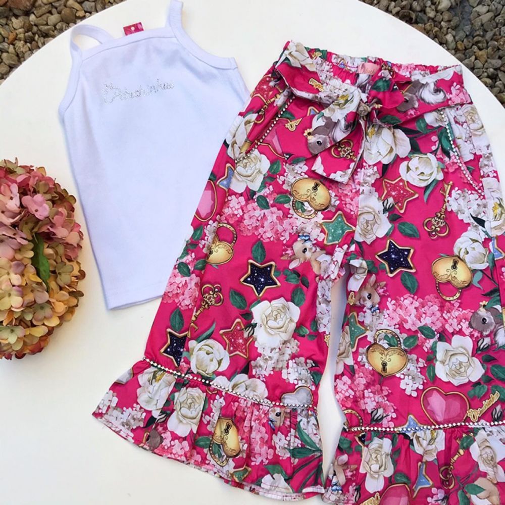 Conjunto Infantil Blusa e Calça Pantacourt Rosa Estampada Precious Pituchinhus