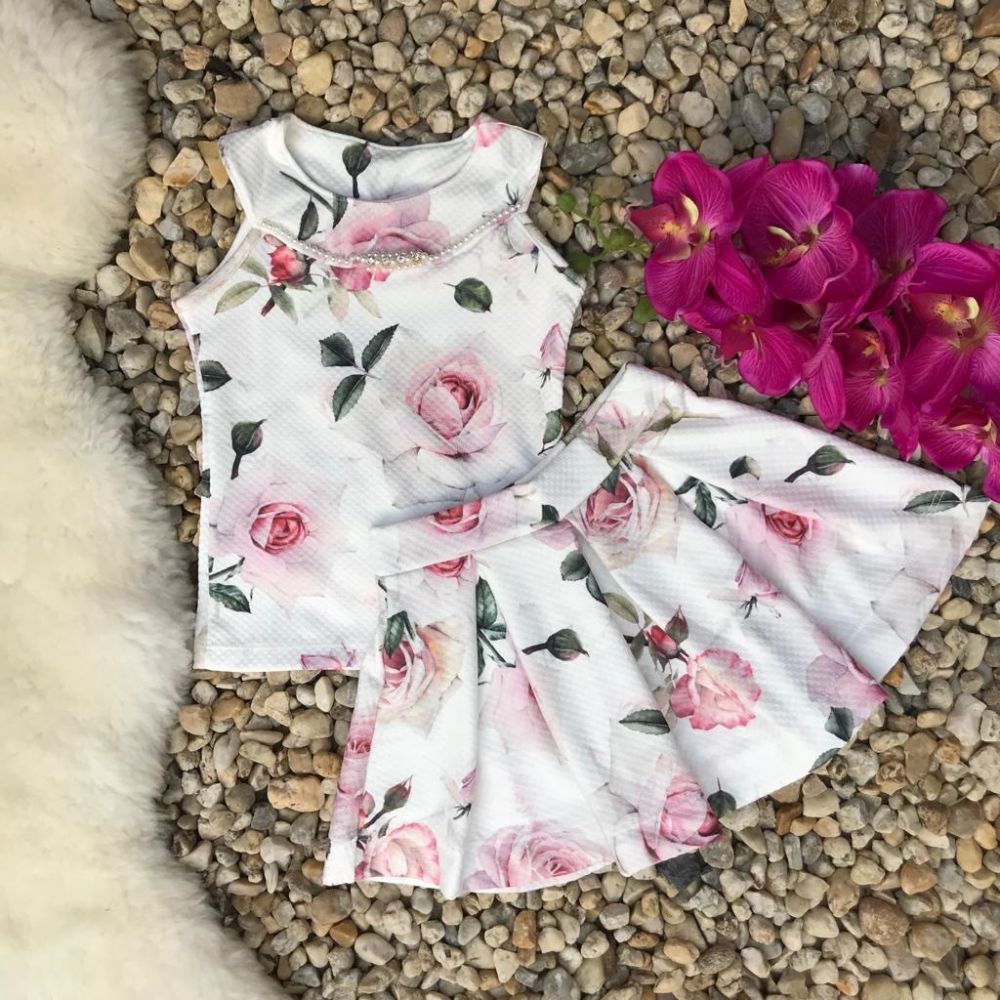 Conjunto Infantil Blusa e Saia Floral Rosas Mágicas Off White Kiki Xodó