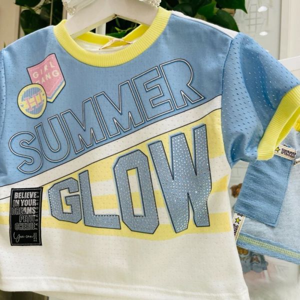 Conjunto Infantil Blusa Furinhos e Saia com Shorts Azul e Amarelo Summer Glow Petit Cherie