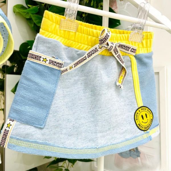 Conjunto Infantil Blusa Furinhos e Saia com Shorts Azul e Amarelo Summer Glow Petit Cherie