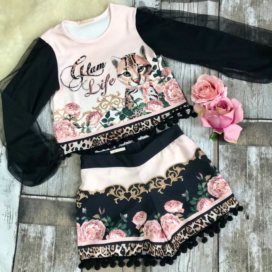 Conjunto Infantil Blusa Manga de Tule e Shorts Floral Selvagem Petit Cherie