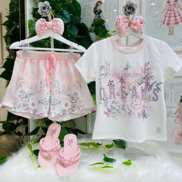 Conjunto Infantil Blusa Off White Furinhos e Shorts Rosa Tie Dye Floral Lilás Fiel Of Dreams Petit C