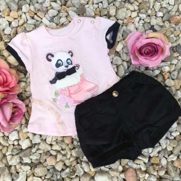 Conjunto Infantil Blusa Panda e Shorts Cotelê Petit Cherie