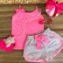 Conjunto Infantil Blusa Regata Rosa Pink de Cirre Neon e Shorts Creme Laço Pink Neon Sweet Yoyo