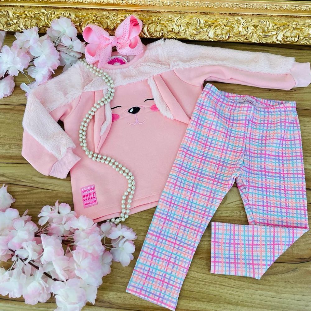 Conjunto Infantil Blusa Rosa Orelhinhas e Calça Estampada Mon Sucré 