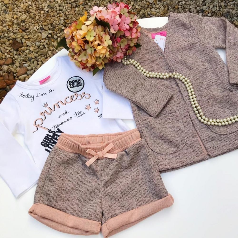 Conjunto Infantil Blusa Shorts e Cardigan Tricot Lurex Rosa Vintage Princess Momi
