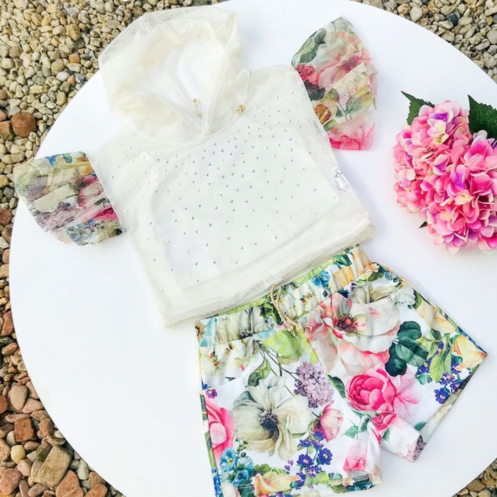 Conjunto Infantil Blusa Sobreposição de Tela com Strass e Shorts Floral Spring Luluzinha