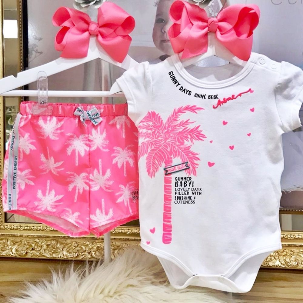 Conjunto Infantil Body Branco e Shorts Rosa Neon Coqueiros Summer Baby Animê