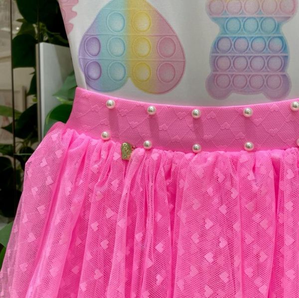 Conjunto Infantil Body Candy Colors Fidget Toys Pop It e Saia Pink de Tule com Shorts e Perólas Yoyo