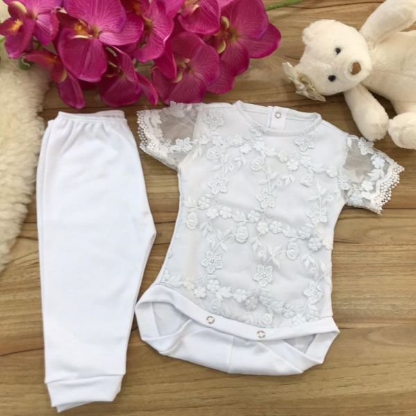 Conjunto Infantil Body e Legging Branco com Renda Floral Baby Drilu